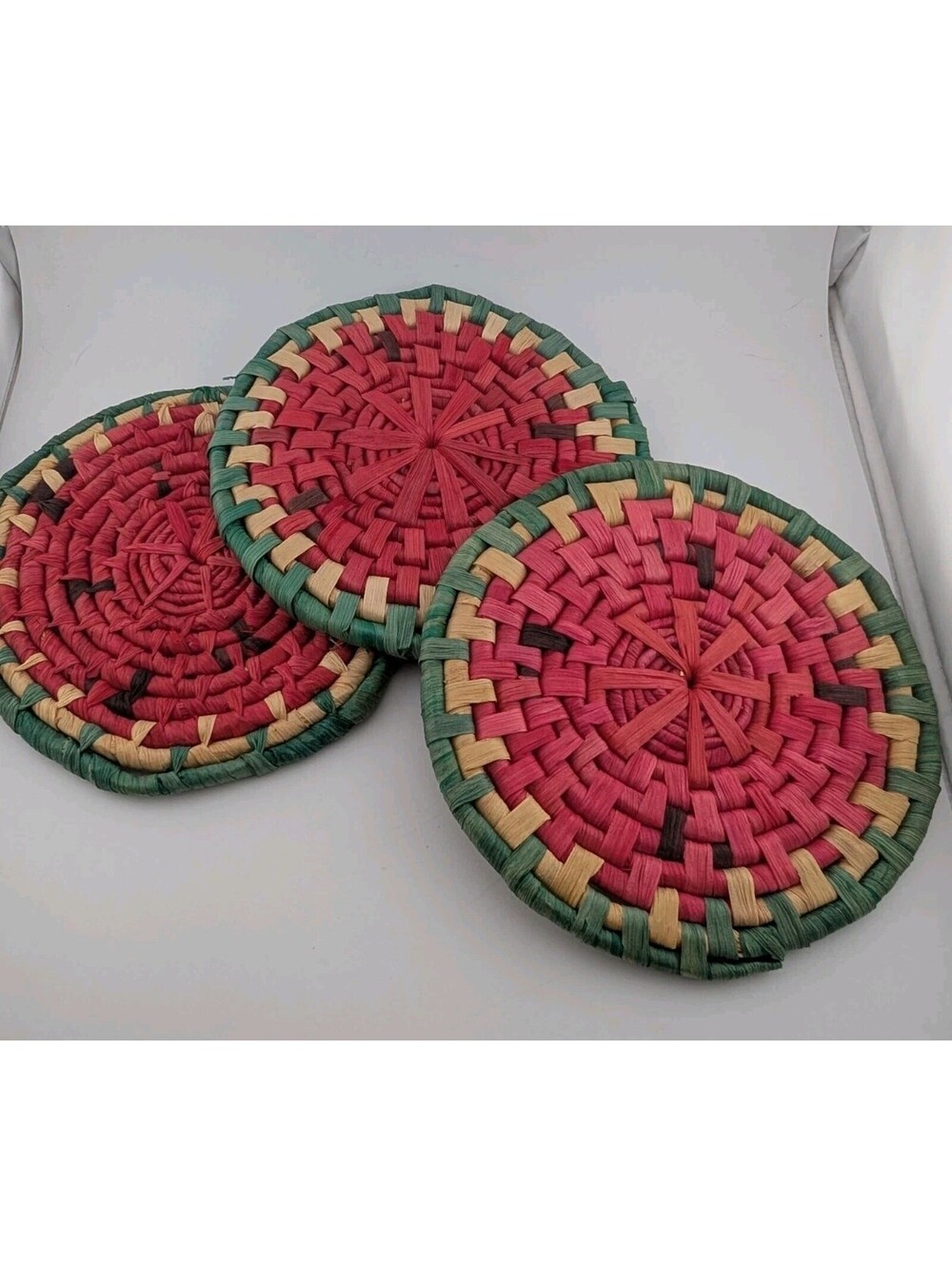 Watermelon Trivets Vintage Woven Straw Set Of 3 Red Green 7"